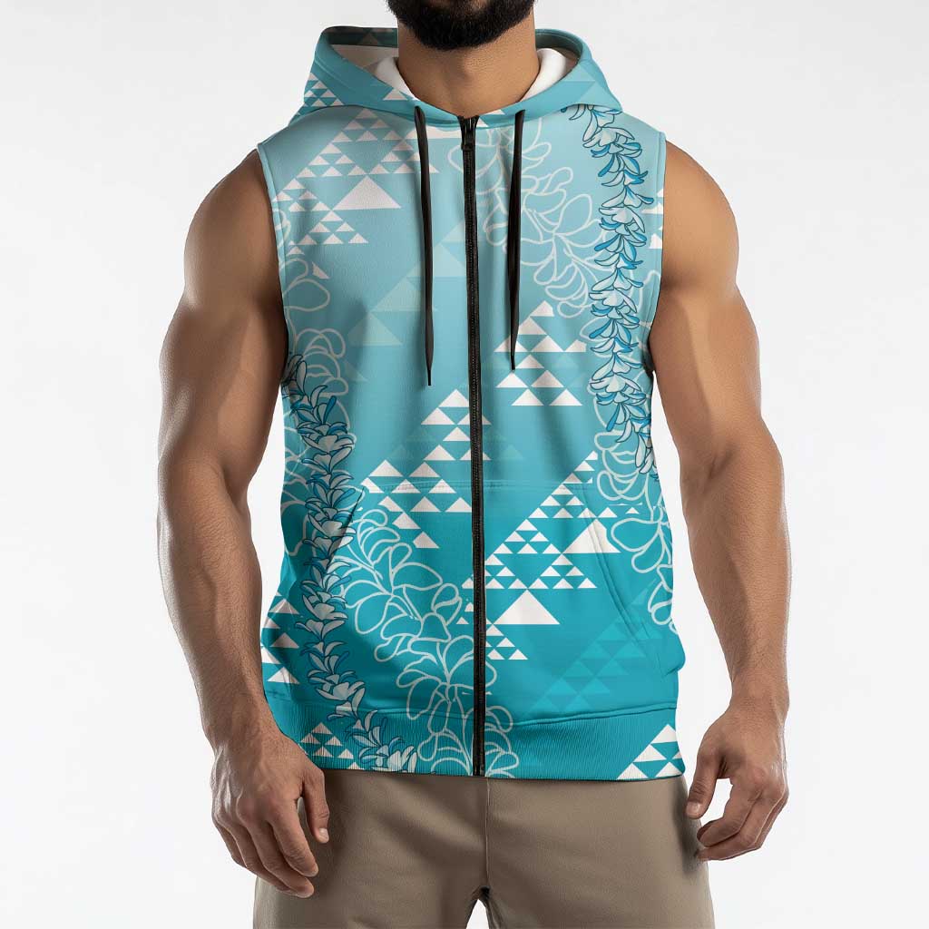 Hawaii Turquoise Kapa Sleeveless Zip Hoodie Vintage 'Ohe Kāpala Motifs Mix Plumeria Leis