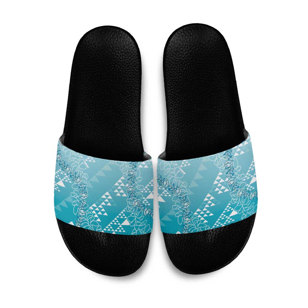 Hawaii Turquoise Kapa Slide Sandals Vintage 'Ohe Kāpala Motifs Mix Plumeria Leis