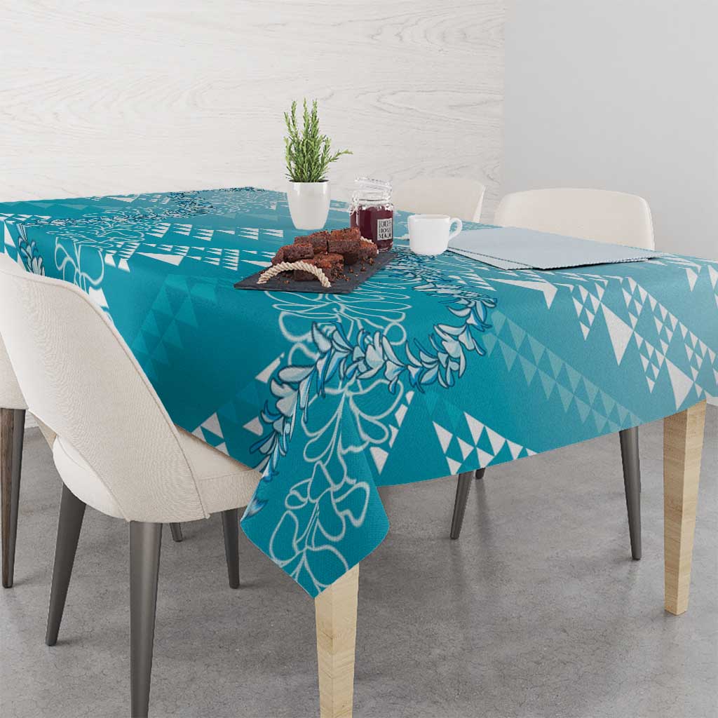 Hawaii Turquoise Kapa Tablecloth Vintage 'Ohe Kāpala Motifs Mix Plumeria Leis
