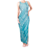 Hawaii Turquoise Kapa Tank Maxi Dress Vintage 'Ohe Kāpala Motifs Mix Plumeria Leis