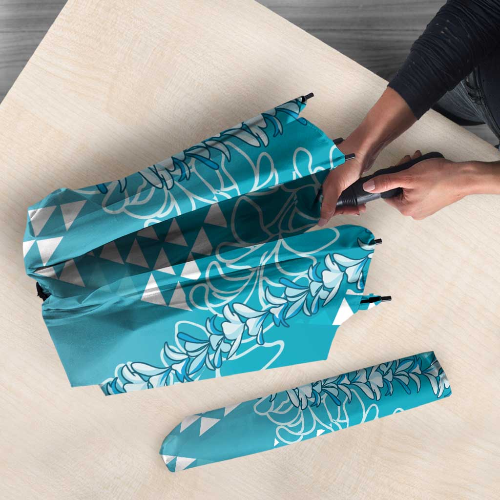 Hawaii Turquoise Kapa Umbrella Vintage 'Ohe Kāpala Motifs Mix Plumeria Leis