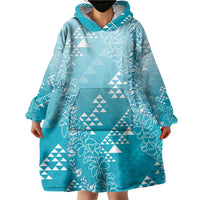 Hawaii Turquoise Kapa Wearable Blanket Hoodie Vintage 'Ohe Kāpala Motifs Mix Plumeria Leis