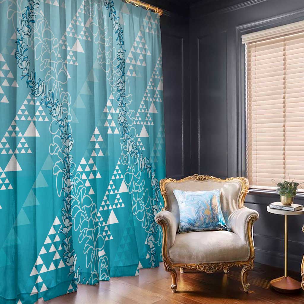 Hawaii Turquoise Kapa Window Curtain Vintage 'Ohe Kāpala Motifs Mix Plumeria Leis