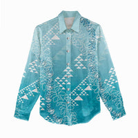 Hawaii Turquoise Kapa Women Casual Shirt Vintage 'Ohe Kāpala Motifs Mix Plumeria Leis LT7 - Polynesian Pride