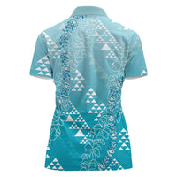 Hawaii Turquoise Kapa Women Polo Shirt Vintage 'Ohe Kāpala Motifs Mix Plumeria Leis LT7 - Polynesian Pride