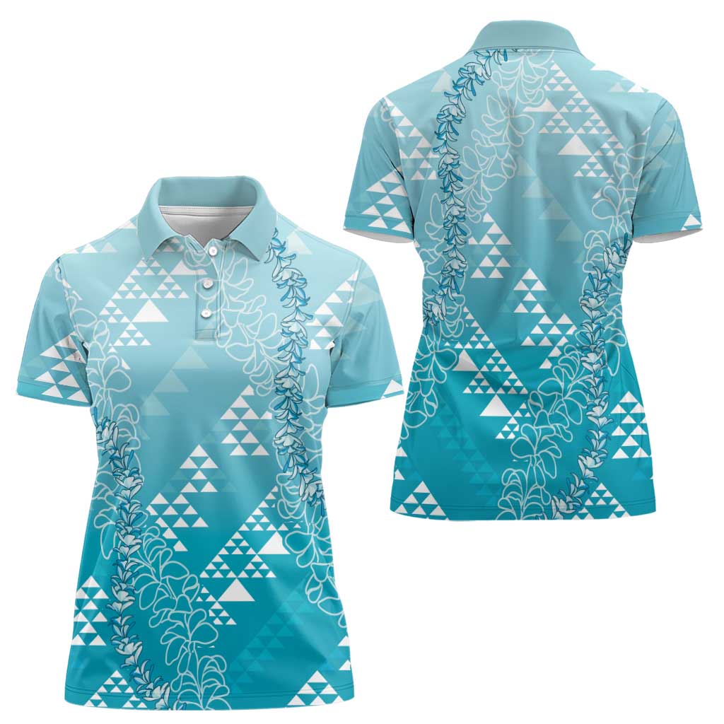 Hawaii Turquoise Kapa Women Polo Shirt Vintage 'Ohe Kāpala Motifs Mix Plumeria Leis LT7 - Polynesian Pride