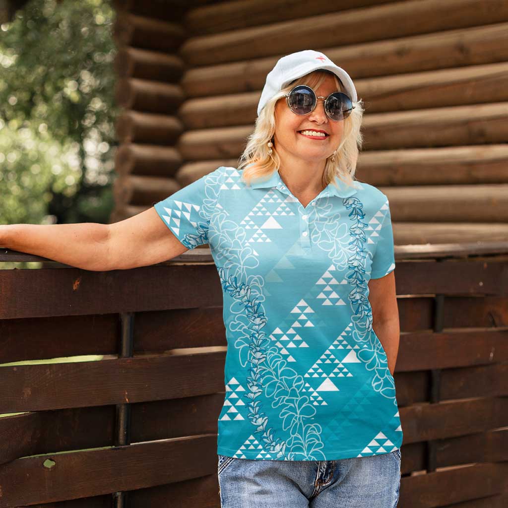 Hawaii Turquoise Kapa Women Polo Shirt Vintage 'Ohe Kāpala Motifs Mix Plumeria Leis LT7 - Polynesian Pride
