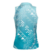 Hawaii Turquoise Kapa Women Sleeveless Polo Shirt Vintage 'Ohe Kāpala Motifs Mix Plumeria Leis LT7 - Polynesian Pride