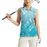 Hawaii Turquoise Kapa Women Sleeveless Polo Shirt Vintage 'Ohe Kāpala Motifs Mix Plumeria Leis LT7 - Polynesian Pride