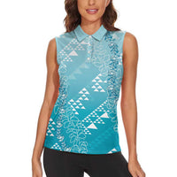 Hawaii Turquoise Kapa Women Sleeveless Polo Shirt Vintage 'Ohe Kāpala Motifs Mix Plumeria Leis LT7 - Polynesian Pride