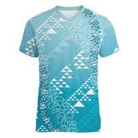 Hawaii Turquoise Kapa Women V-Neck T-Shirt Vintage 'Ohe Kāpala Motifs Mix Plumeria Leis LT7 Female Turquoise - Polynesian Pride