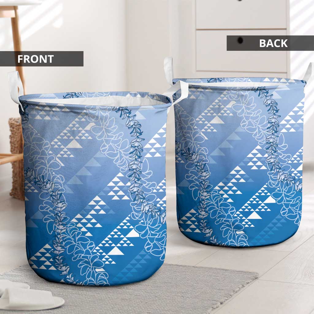 Hawaii Royal Blue Kapa Laundry Basket Vintage 'Ohe Kāpala Motifs Mix Plumeria Leis