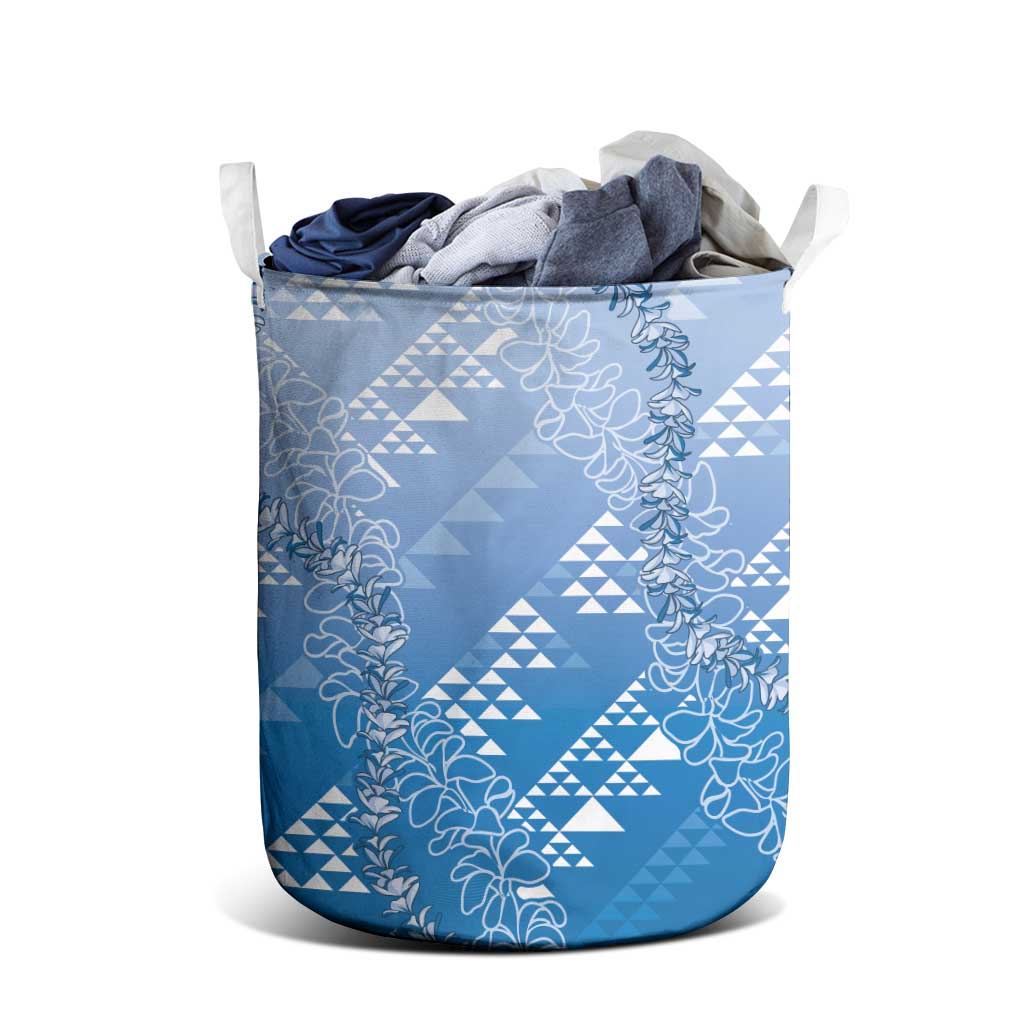 Hawaii Royal Blue Kapa Laundry Basket Vintage 'Ohe Kāpala Motifs Mix Plumeria Leis