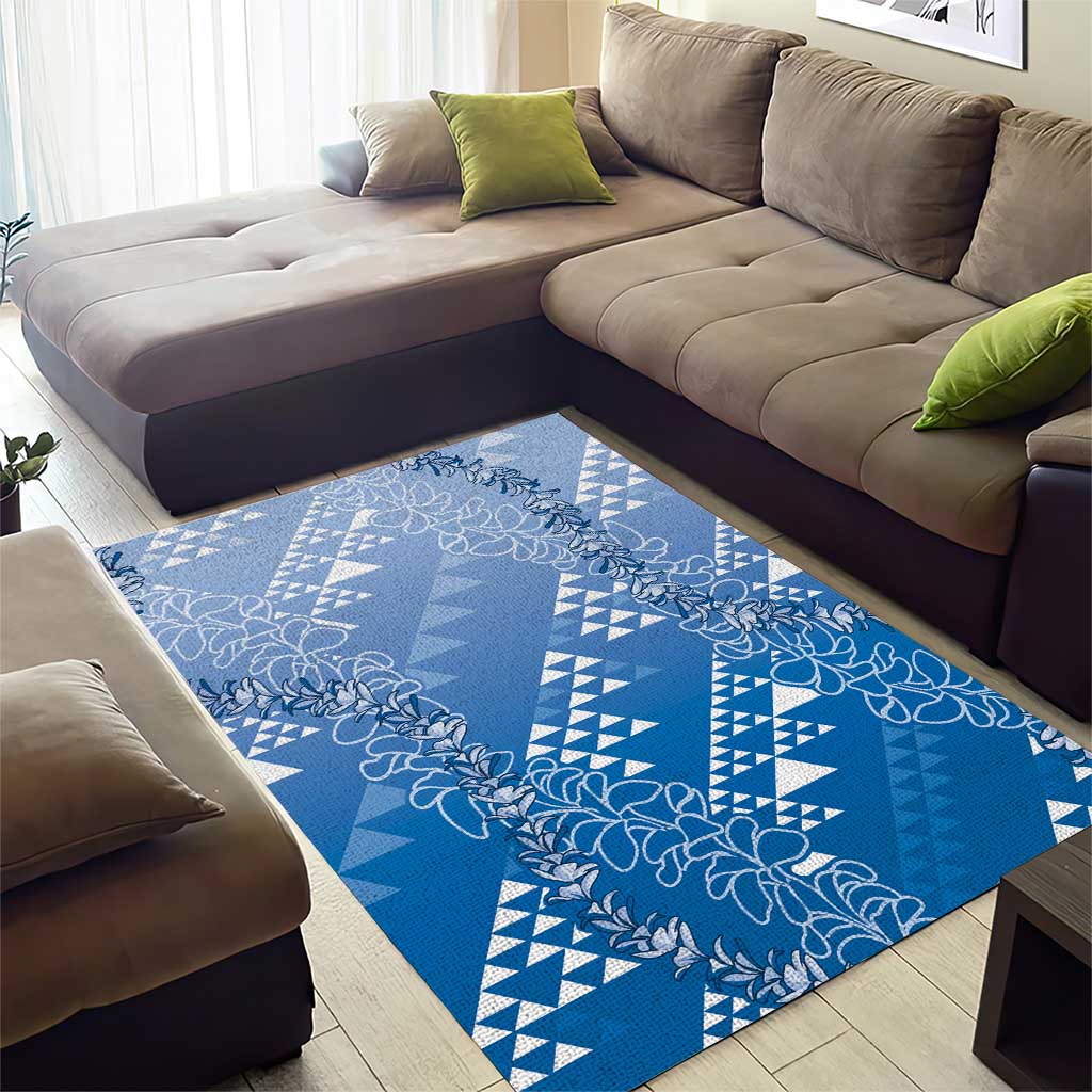 Hawaii Royal Blue Kapa Area Rug Vintage 'Ohe Kāpala Motifs Mix Plumeria Leis