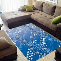 Hawaii Royal Blue Kapa Area Rug Vintage 'Ohe Kāpala Motifs Mix Plumeria Leis