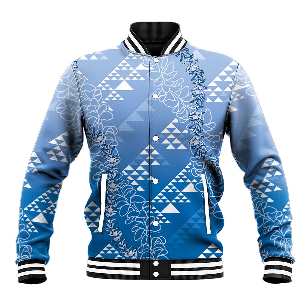 Hawaii Royal Blue Kapa Baseball Jacket Vintage 'Ohe Kāpala Motifs Mix Plumeria Leis