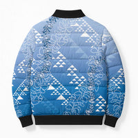 Hawaii Royal Blue Kapa Bomber Puffer Jacket Vintage 'Ohe Kāpala Motifs Mix Plumeria Leis