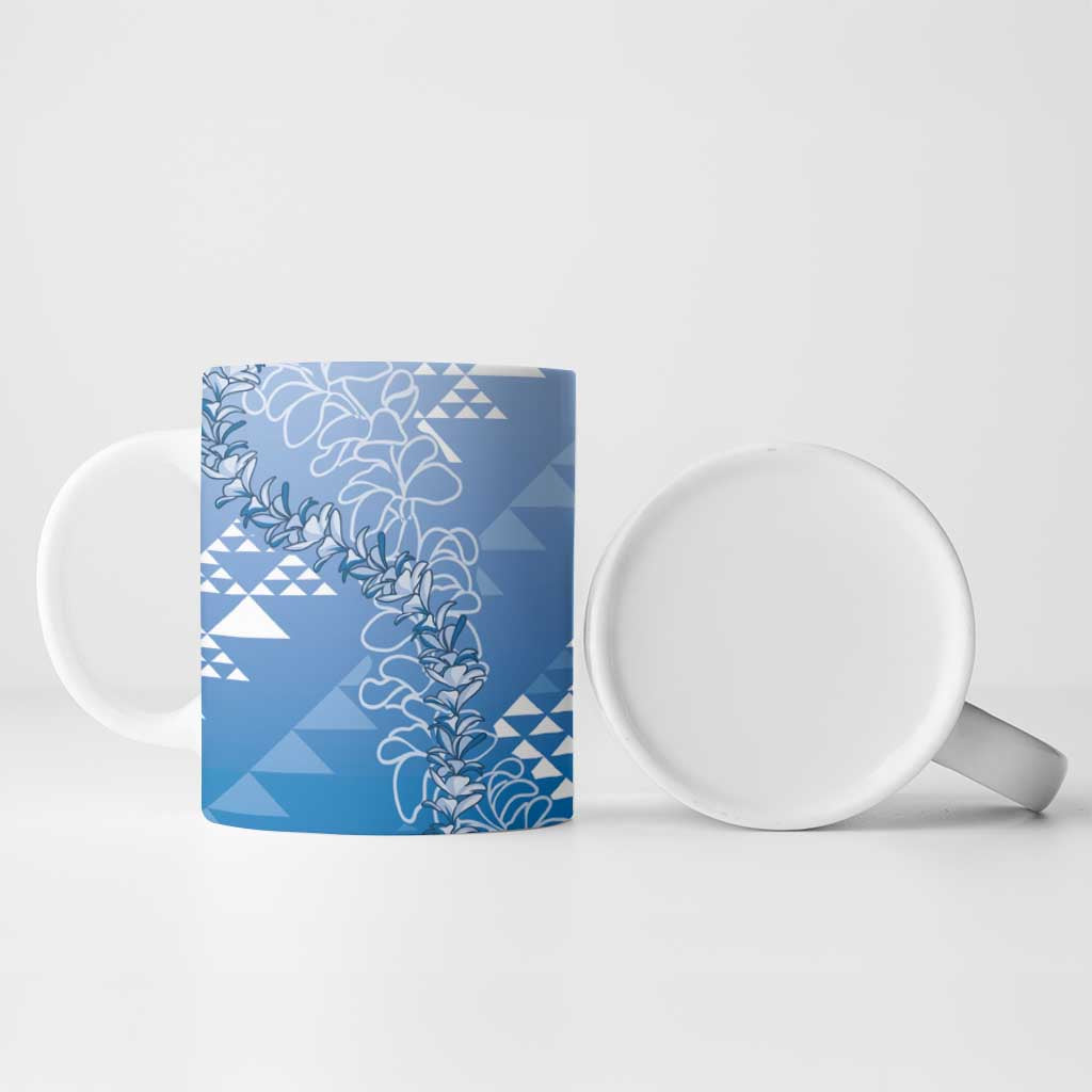 Hawaii Royal Blue Kapa Ceramic Mug Vintage 'Ohe Kāpala Motifs Mix Plumeria Leis