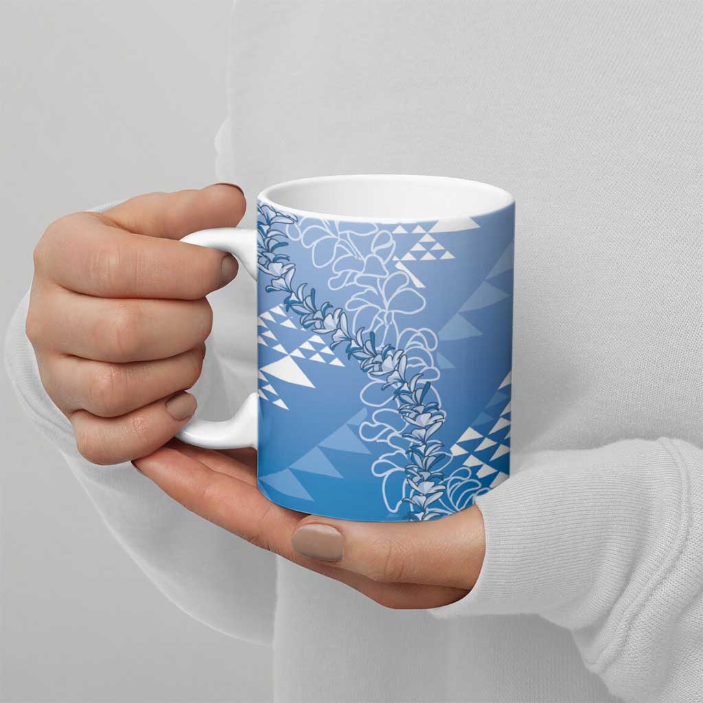 Hawaii Royal Blue Kapa Ceramic Mug Vintage 'Ohe Kāpala Motifs Mix Plumeria Leis