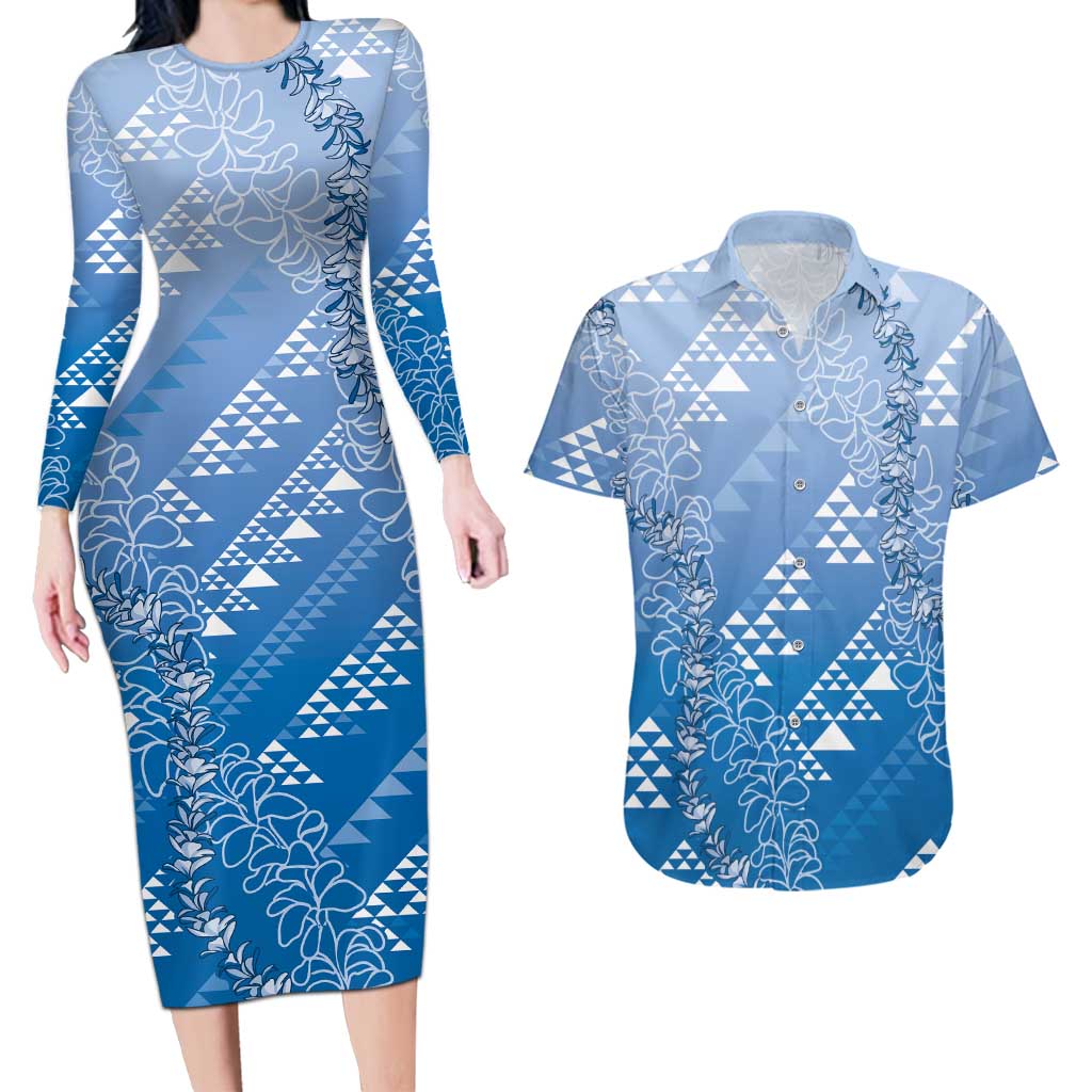 Hawaii Royal Blue Kapa Couples Matching Long Sleeve Bodycon Dress and Hawaiian Shirt Vintage 'Ohe Kāpala Motifs Mix Plumeria Leis LT7 Royal Blue - Polynesian Pride