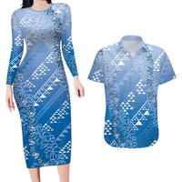 Hawaii Royal Blue Kapa Couples Matching Long Sleeve Bodycon Dress and Hawaiian Shirt Vintage 'Ohe Kāpala Motifs Mix Plumeria Leis LT7 Royal Blue - Polynesian Pride