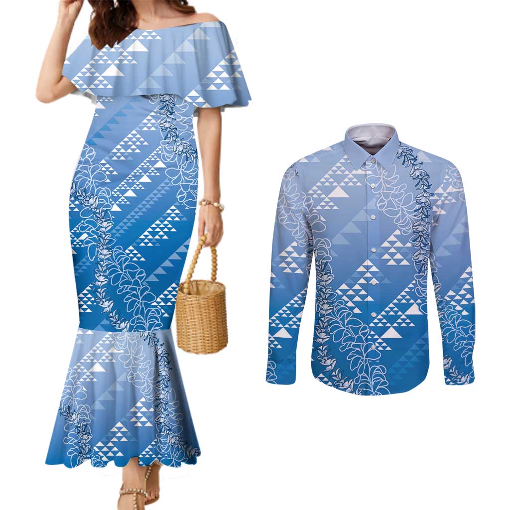 Hawaii Royal Blue Kapa Couples Matching Mermaid Dress and Long Sleeve Button Shirt Vintage 'Ohe Kāpala Motifs Mix Plumeria Leis