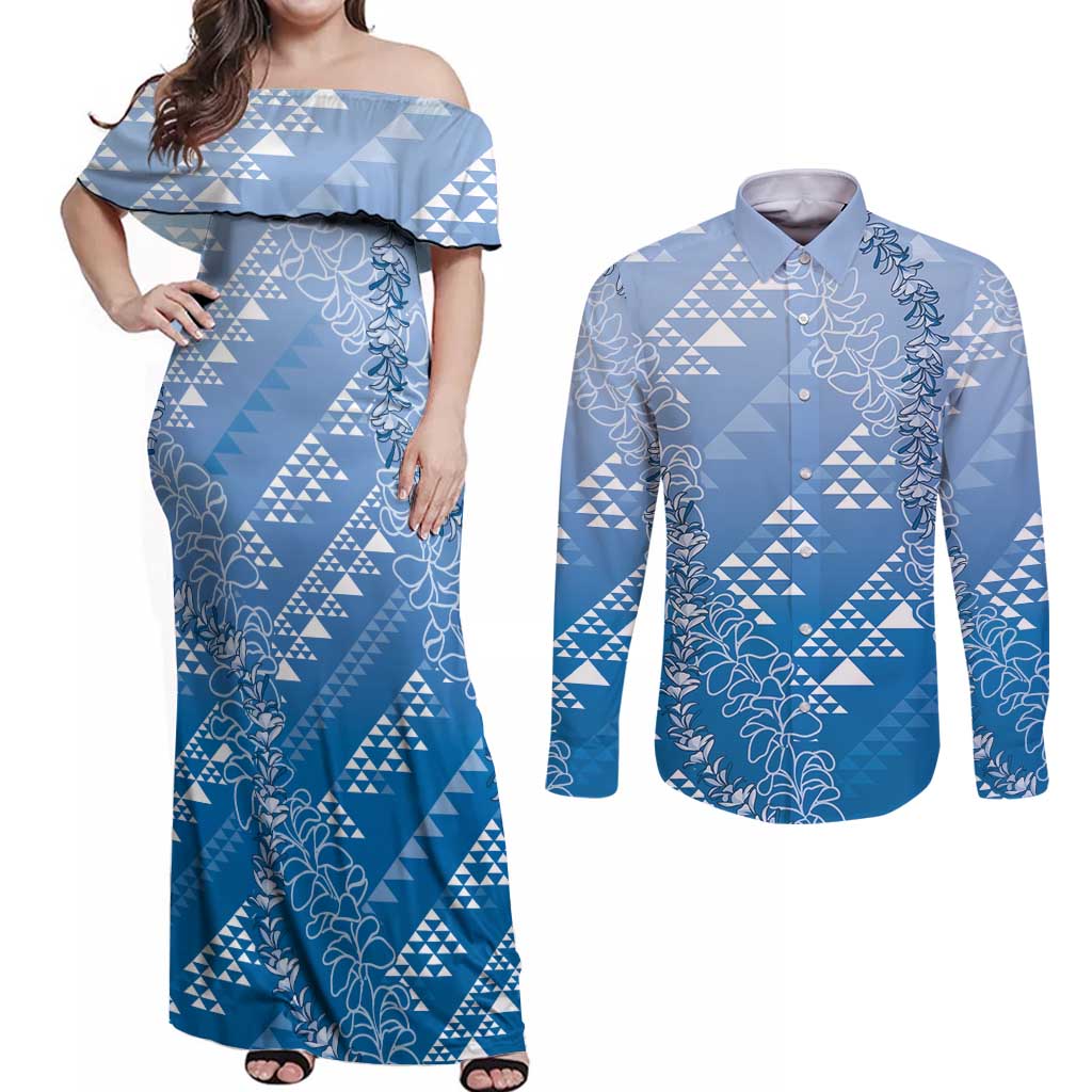 Hawaii Royal Blue Kapa Couples Matching Off Shoulder Maxi Dress and Long Sleeve Button Shirt Vintage 'Ohe Kāpala Motifs Mix Plumeria Leis