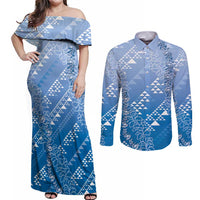 Hawaii Royal Blue Kapa Couples Matching Off Shoulder Maxi Dress and Long Sleeve Button Shirt Vintage 'Ohe Kāpala Motifs Mix Plumeria Leis LT7 Royal Blue - Polynesian Pride
