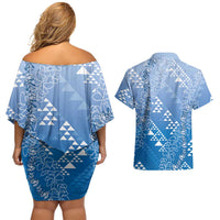 Hawaii Royal Blue Kapa Couples Matching Off Shoulder Short Dress and Hawaiian Shirt Vintage 'Ohe Kāpala Motifs Mix Plumeria Leis LT7 - Polynesian Pride