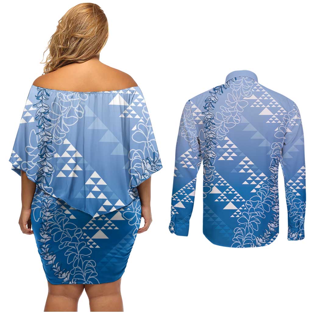 Hawaii Royal Blue Kapa Couples Matching Off Shoulder Short Dress and Long Sleeve Button Shirt Vintage 'Ohe Kāpala Motifs Mix Plumeria Leis LT7 - Polynesian Pride