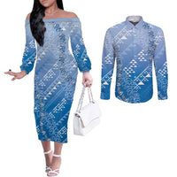 Hawaii Royal Blue Kapa Couples Matching Off The Shoulder Long Sleeve Dress and Long Sleeve Button Shirt Vintage 'Ohe Kāpala Motifs Mix Plumeria Leis LT7 Royal Blue - Polynesian Pride