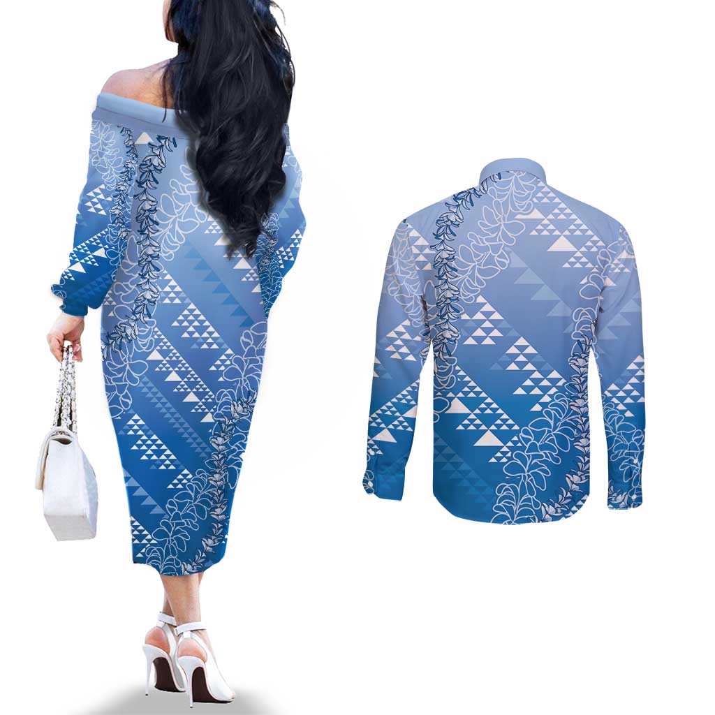 Hawaii Royal Blue Kapa Couples Matching Off The Shoulder Long Sleeve Dress and Long Sleeve Button Shirt Vintage 'Ohe Kāpala Motifs Mix Plumeria Leis LT7 - Polynesian Pride