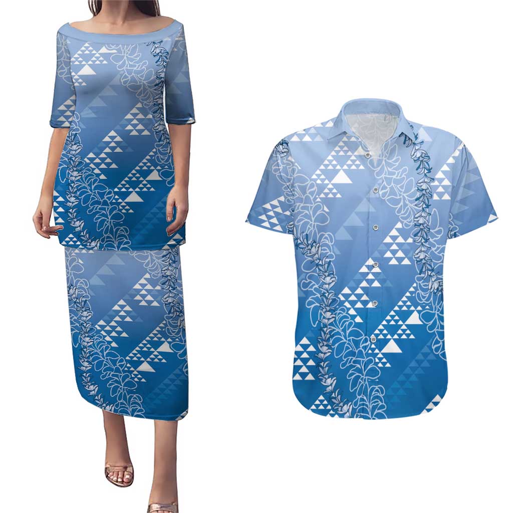 Hawaii Royal Blue Kapa Couples Matching Puletasi and Hawaiian Shirt Vintage 'Ohe Kāpala Motifs Mix Plumeria Leis LT7 Royal Blue - Polynesian Pride