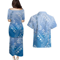 Hawaii Royal Blue Kapa Couples Matching Puletasi and Hawaiian Shirt Vintage 'Ohe Kāpala Motifs Mix Plumeria Leis LT7 - Polynesian Pride