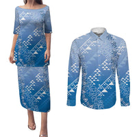 Hawaii Royal Blue Kapa Couples Matching Puletasi and Long Sleeve Button Shirt Vintage 'Ohe Kāpala Motifs Mix Plumeria Leis LT7 Royal Blue - Polynesian Pride