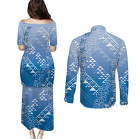 Hawaii Royal Blue Kapa Couples Matching Puletasi and Long Sleeve Button Shirt Vintage 'Ohe Kāpala Motifs Mix Plumeria Leis LT7 - Polynesian Pride