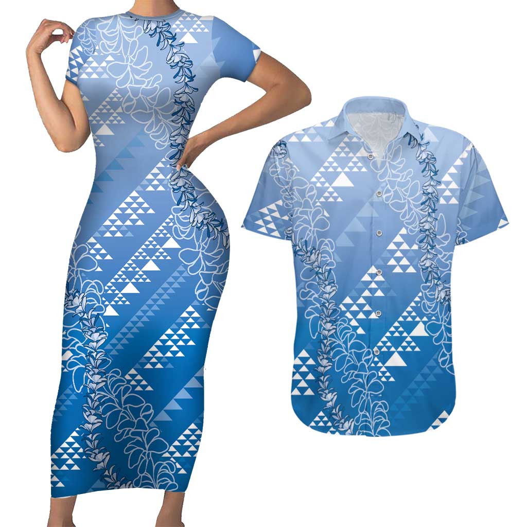Hawaii Royal Blue Kapa Couples Matching Short Sleeve Bodycon Dress and Hawaiian Shirt Vintage 'Ohe Kāpala Motifs Mix Plumeria Leis