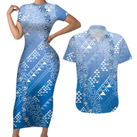 Hawaii Royal Blue Kapa Couples Matching Short Sleeve Bodycon Dress and Hawaiian Shirt Vintage 'Ohe Kāpala Motifs Mix Plumeria Leis LT7 Royal Blue - Polynesian Pride