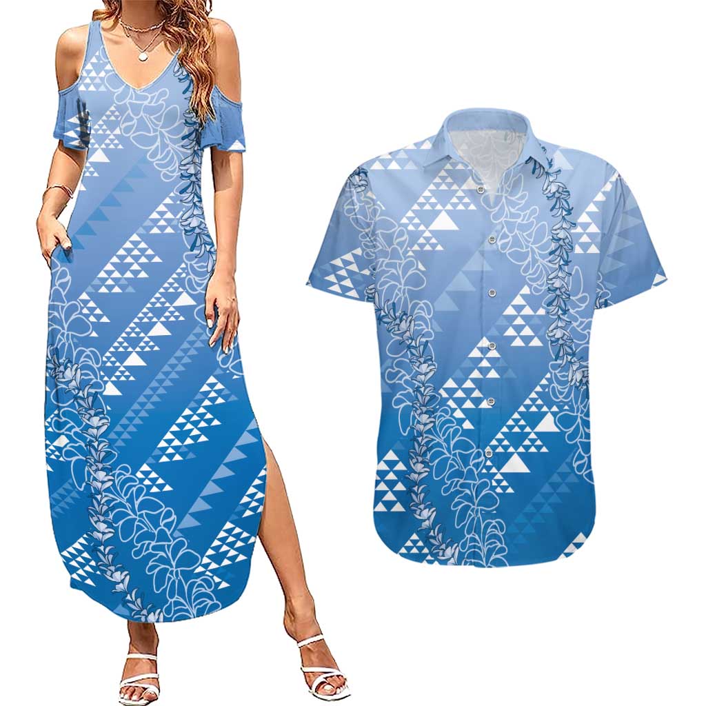 Hawaii Royal Blue Kapa Couples Matching Summer Maxi Dress and Hawaiian Shirt Vintage 'Ohe Kāpala Motifs Mix Plumeria Leis