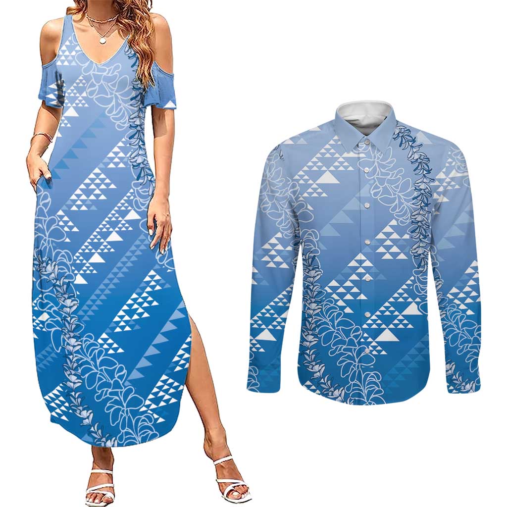 Hawaii Royal Blue Kapa Couples Matching Summer Maxi Dress and Long Sleeve Button Shirt Vintage 'Ohe Kāpala Motifs Mix Plumeria Leis LT7 Royal Blue - Polynesian Pride