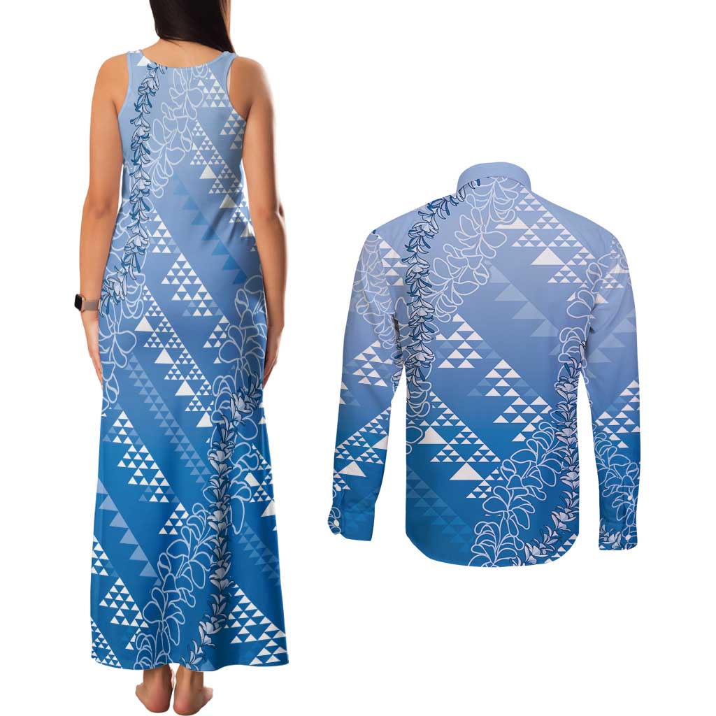 Hawaii Royal Blue Kapa Couples Matching Tank Maxi Dress and Long Sleeve Button Shirt Vintage 'Ohe Kāpala Motifs Mix Plumeria Leis LT7 - Polynesian Pride