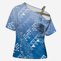 Hawaii Royal Blue Kapa Cross Shoulder Shirt Vintage 'Ohe Kāpala Motifs Mix Plumeria Leis
