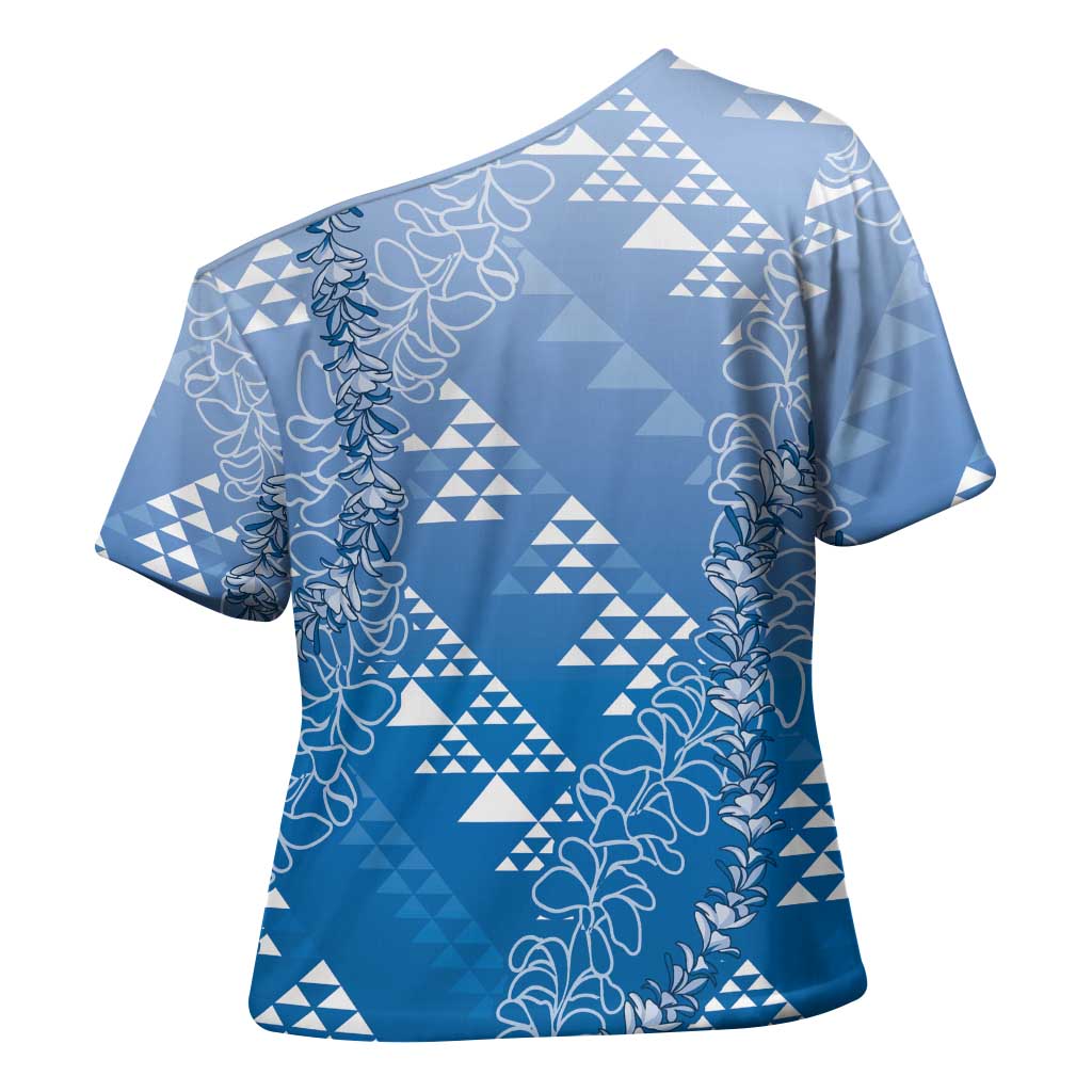 Hawaii Royal Blue Kapa Cross Shoulder Shirt Vintage 'Ohe Kāpala Motifs Mix Plumeria Leis