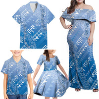 Hawaii Royal Blue Kapa Family Matching Off Shoulder Maxi Dress and Hawaiian Shirt Vintage 'Ohe Kāpala Motifs Mix Plumeria Leis LT7 - Polynesian Pride