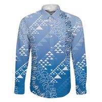Hawaii Royal Blue Kapa Family Matching Off Shoulder Maxi Dress and Hawaiian Shirt Vintage 'Ohe Kāpala Motifs Mix Plumeria Leis LT7 Dad's Shirt - Long Sleeve Royal Blue - Polynesian Pride
