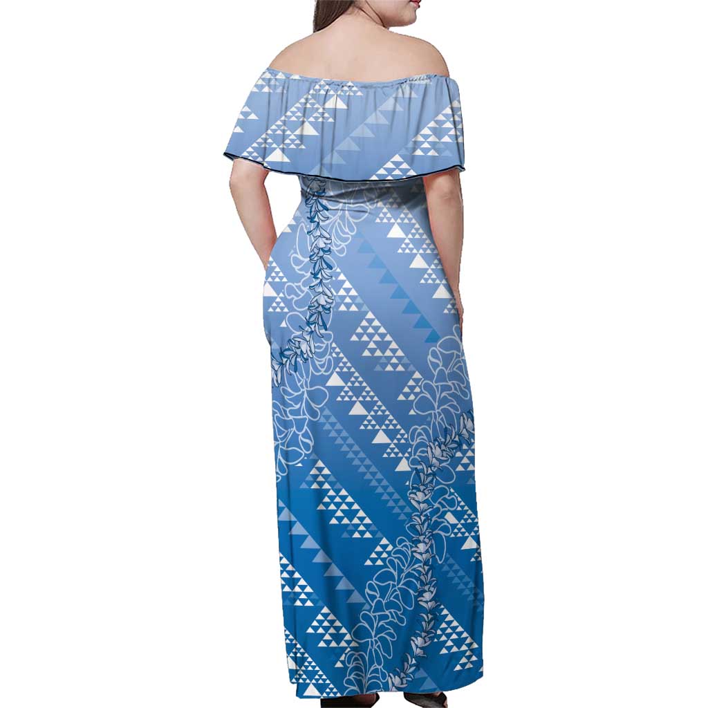 Hawaii Royal Blue Kapa Family Matching Off Shoulder Maxi Dress and Hawaiian Shirt Vintage 'Ohe Kāpala Motifs Mix Plumeria Leis LT7 - Polynesian Pride