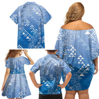 Hawaii Royal Blue Kapa Family Matching Off Shoulder Short Dress and Hawaiian Shirt Vintage 'Ohe Kāpala Motifs Mix Plumeria Leis LT7 - Polynesian Pride