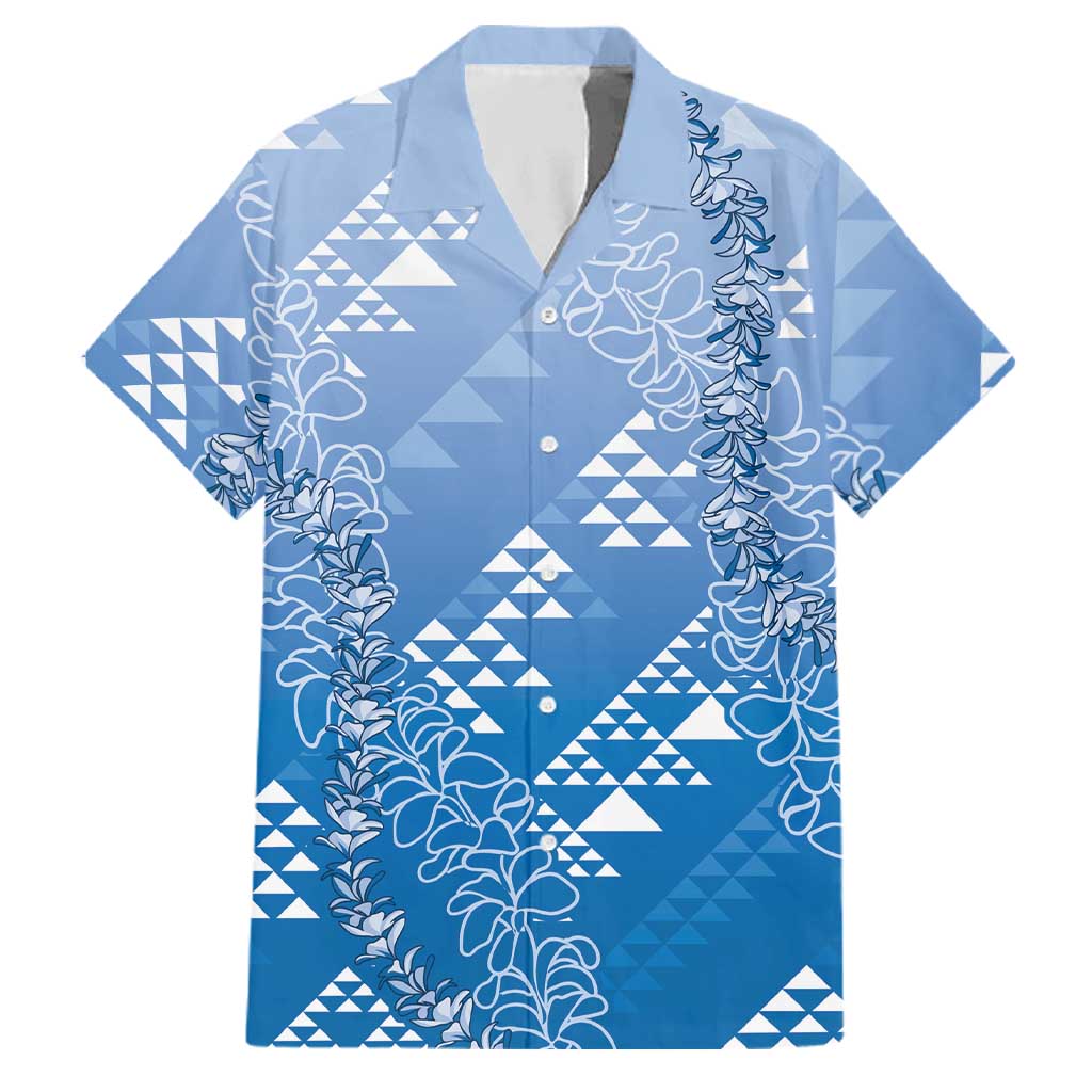 Hawaii Royal Blue Kapa Family Matching Off Shoulder Short Dress and Hawaiian Shirt Vintage 'Ohe Kāpala Motifs Mix Plumeria Leis LT7 Dad's Shirt - Short Sleeve Royal Blue - Polynesian Pride