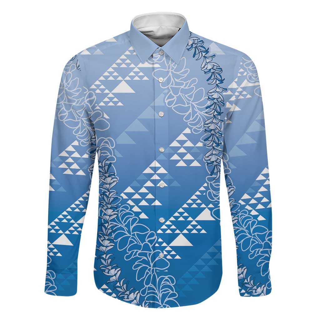 Hawaii Royal Blue Kapa Family Matching Puletasi and Hawaiian Shirt Vintage 'Ohe Kāpala Motifs Mix Plumeria Leis LT7 Dad's Shirt - Long Sleeve Royal Blue - Polynesian Pride