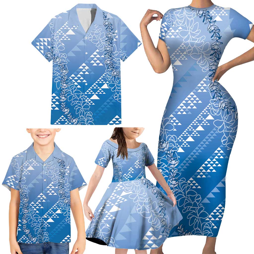 Hawaii Royal Blue Kapa Family Matching Short Sleeve Bodycon Dress and Hawaiian Shirt Vintage 'Ohe Kāpala Motifs Mix Plumeria Leis